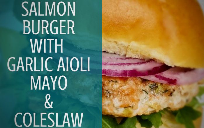 Salmon Burger with Garlic Aioli Mayo & Coleslaw