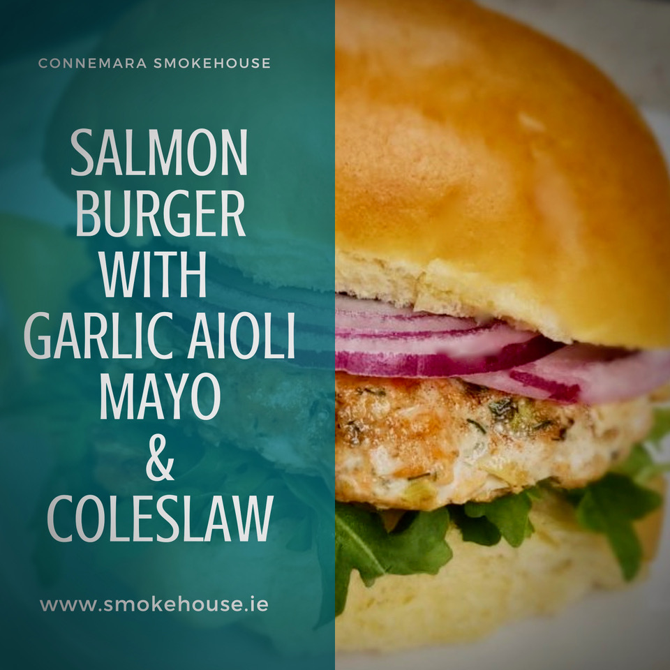 Salmon Burger with Garlic Aioli Mayo & Coleslaw